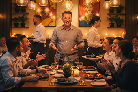 Happy restaurant owner welcoming customers